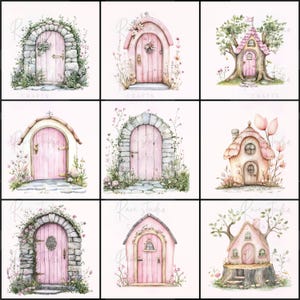 Puede incluir: Nueve ilustraciones en acuarela de puertas de hadas rosas caprichosas. Cada puerta es &uacute;nica, con detalles de piedra, madera y flores. Algunas est&aacute;n ubicadas en &aacute;rboles o entre flores, creando una est&eacute;tica m&aacute;gica de cuento de hadas. La palabra "CRAFTS" es visible.