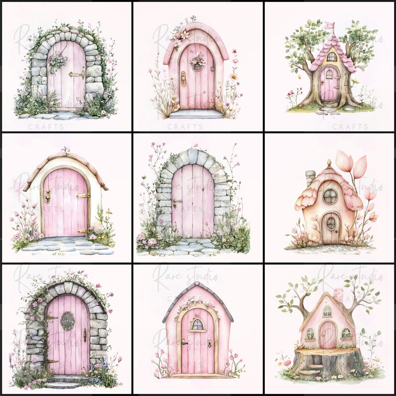 Puede incluir: Nueve ilustraciones en acuarela de puertas de hadas rosas caprichosas. Cada puerta es &uacute;nica, con detalles de piedra, madera y flores. Algunas est&aacute;n ubicadas en &aacute;rboles o entre flores, creando una est&eacute;tica m&aacute;gica de cuento de hadas. La palabra "CRAFTS" es visible.