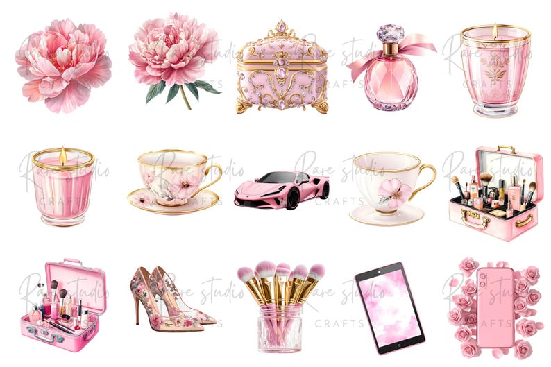 Pink planner clipart PNG bundle, chic journal art, girly clipart set for fashion, lifestyle, and wall print designs