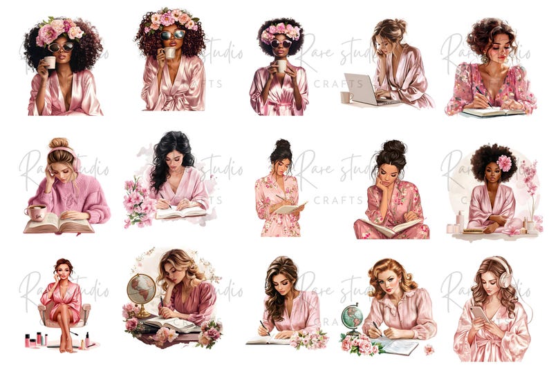 Pink aesthetic clipart bundle, girly PNG set, fashion wall print and trendy planner art for journaling