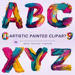Pode incluir: Um conjunto de letras de clipart pintadas artisticamente e coloridas. As letras A, B, C, X, Y e Z são exibidas com pinceladas grossas em tons de rosa, amarelo e turquesa. O texto "ARTISTIC PAINTED CLIPART" também é visível.