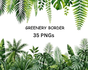 Watercolor Tropical Greenery Border Clipart PNG Bundle, Monstera Palm Leaves Frame, Jungle Foliage