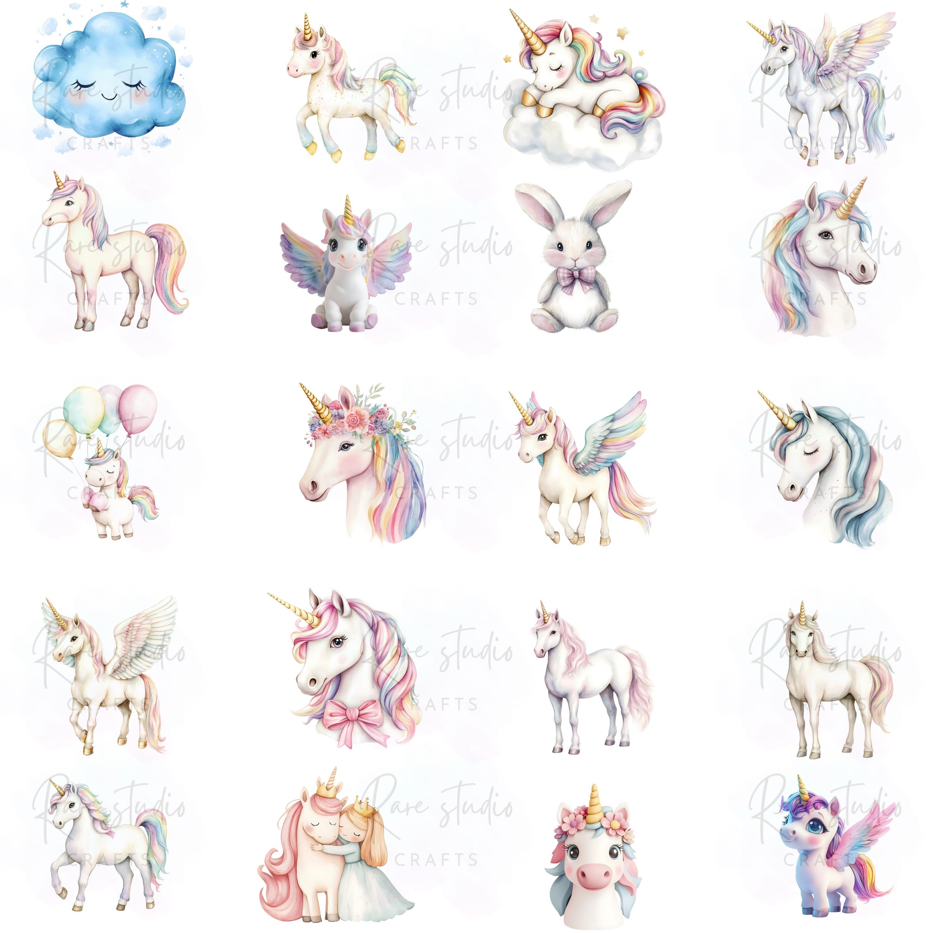 Rainbow Unicorn PNG Clipart Set Pastel Fantasy Kids Graphics Digital ...