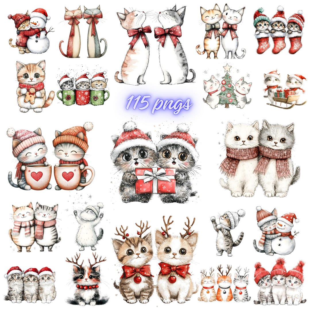 Christmas Cat Clipart Bundle Kittens Holiday PNG Set Winter Animals ...