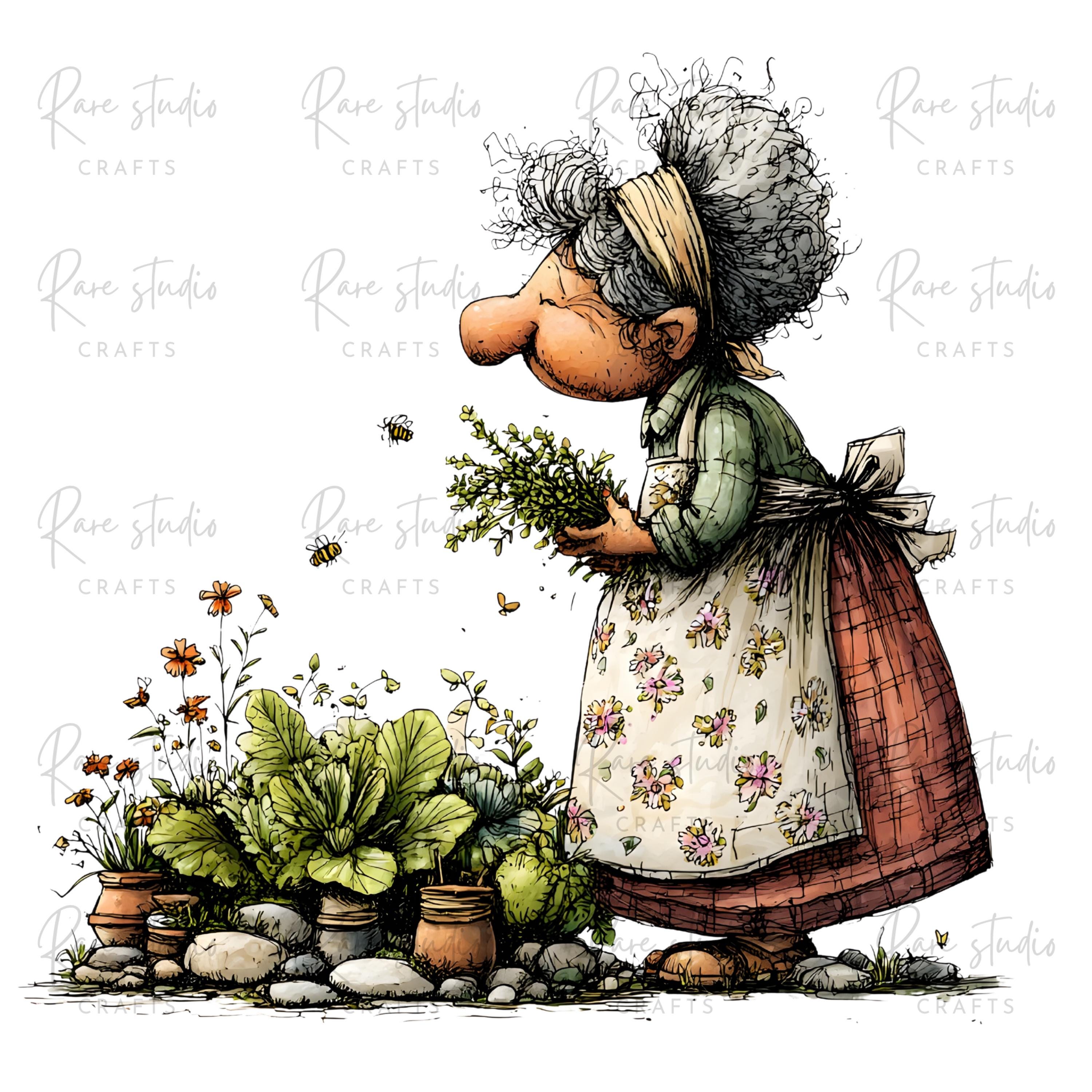 Old Lady Gardening Clipart Bundle Grandma Garden PNG Cartoon ...