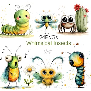 Op de afbeelding: Waterverfillustraties van grillige insecten, waaronder een rups, een libelle, een spin en een bij. De afbeelding bevat de tekst "24PNGs Whimsical Insects Clipart". De insecten zijn in heldere kleuren.