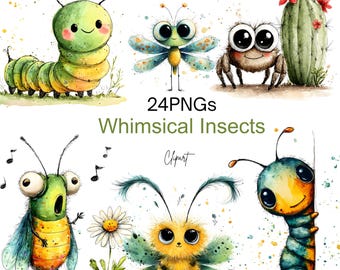 Whimsical Insects Clipart Bundle Bug Watercolor PNG Spring Garden Kids Scrapbook Digital Download