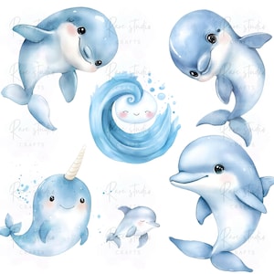 May include: Watercolor illustrations of playful dolphins and a narwhal in shades of blue. The collection includes a smiling dolphin, a narwhal with a horn, and a wave with a smiling face. The artwork has a whimsical, aquatic theme.