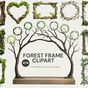 Puede incluir: Una colección de marcos prediseñados con temática de bosque en varias formas, incluyendo cuadrados, círculos y un corazón. Los marcos están hechos de elementos naturales como ramas, vides y hojas, con una combinación de colores marrón y verde. La imagen también incluye un arco de árbol y el texto "FOREST FRAME CLIPART".