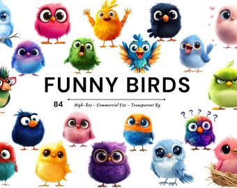 May include: A collection of cartoon birds in various colors, including blue, pink, green, and yellow. The image features the text "FUNNY BIRDS" and additional text. The birds have large eyes and expressive faces, creating a whimsical and playful aesthetic.