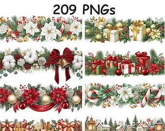 Clipart Borde Navideño Acuarela Guirnalda PNG Bundle Marco Festivo Descarga Digital