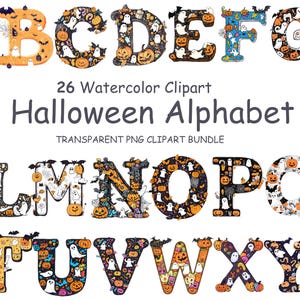 Clipart del alfabeto de Halloween / Letras de acuarela espeluznantes / Decoración de Halloween para guardería / Alfabeto de Halloween ABC / Descarga digital para manualidades