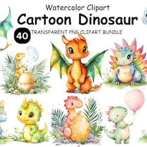Watercolor Dinosaur Clipart, Cute Cartoon Dino PNG, Baby Dino Clipart, Transparent PNG Bundle, Sublimation, Kids Wall Art, Digital