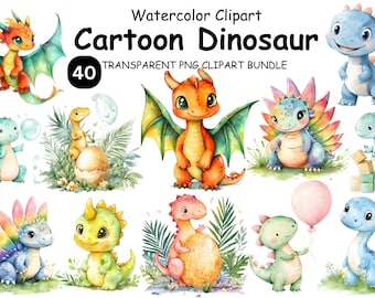 May include: Watercolor clipart bundle featuring 10 cartoon dinosaurs in various colors. The dinosaurs have big eyes and are in different poses, some with wings, balloons, and blocks. The text "Cartoon Dinosaur" is at the top.