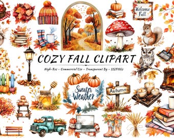 May include: Watercolor illustrations of fall-themed objects, including pumpkins, leaves, a squirrel, an owl, and a cozy sweater. The text "COZY FALL CLIPART" is displayed, along with "Sweater Weather" and "Welcome Fall".