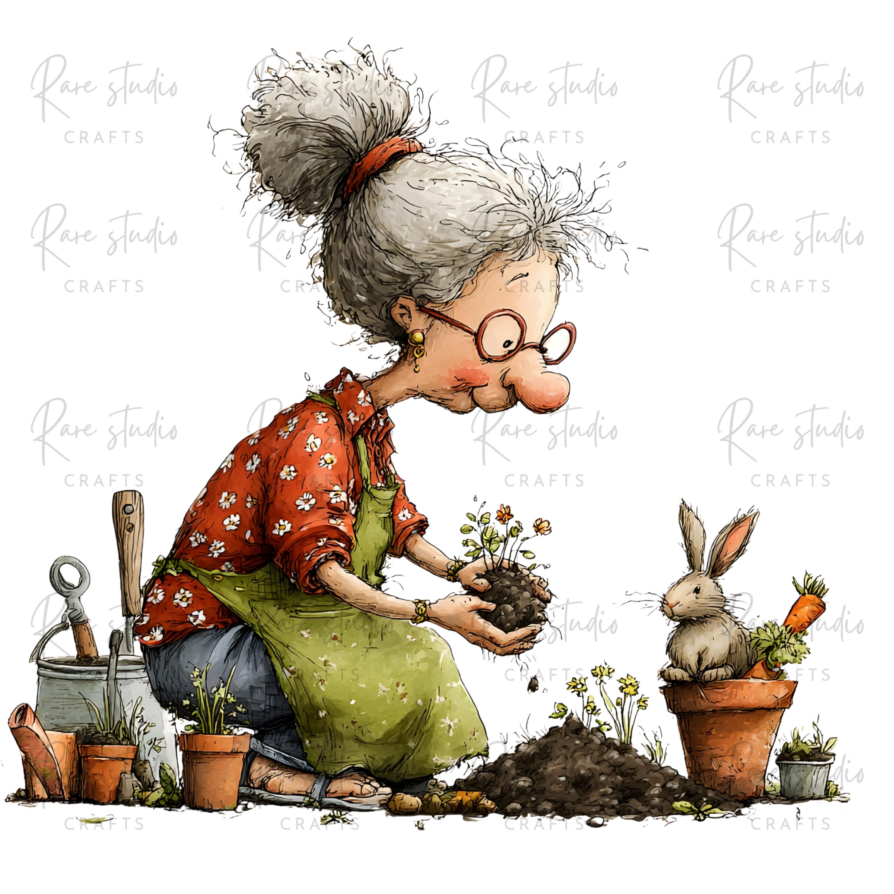 Old Lady Gardening Clipart Bundle Grandma Garden PNG Cartoon ...