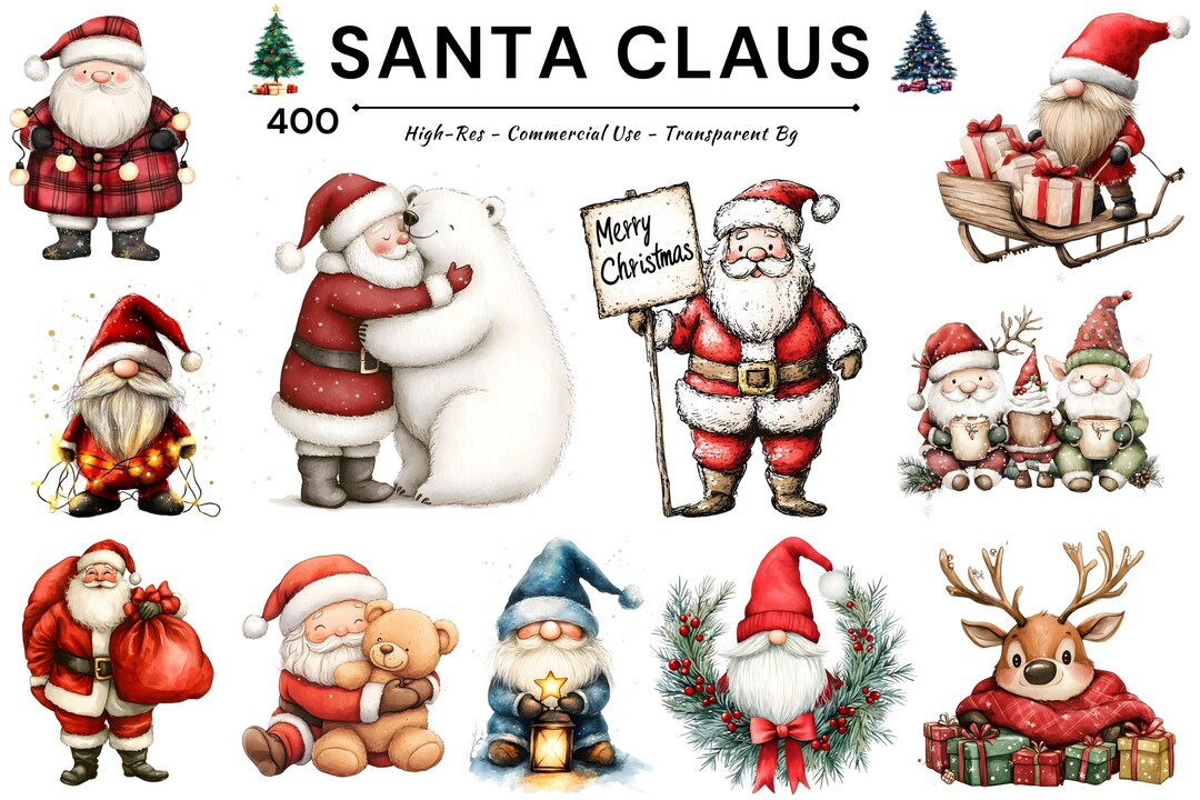 Watercolor Santa Clipart Christmas Bundle Gnome Reindeer Holiday ...