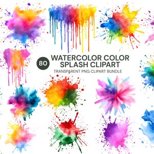 Puede incluir: Una colección de 80 imágenes prediseñadas de salpicaduras de color acuarela. Las imágenes presentan vibrantes salpicaduras de color en varias formas y tamaños, incluyendo rojo, naranja, amarillo, verde, azul y morado. Se muestra el texto "Watercolor Color Splash Clipart".