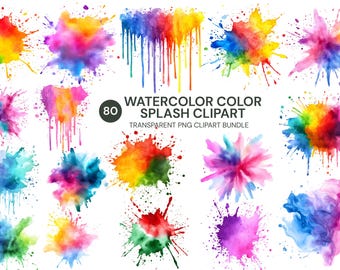Watercolor Splash Clipart, 80 Paint Splatter PNG Bundle (Digital Download)