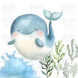 May include: A watercolor illustration of a smiling blue whale with white accents and a light blue tail. The whale is surrounded by green seaweed and a blue water splash. The image has the text "Rare studio CRAFTS" repeated.
