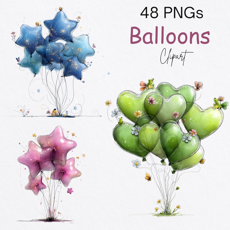 Whimsical Balloon Clipart Bundle 48 Pngs Star Heart Pastel Watercolor ...