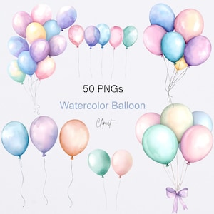 Puede incluir: Globos de acuarela en varios colores pastel, incluyendo rosa, azul y amarillo, dispuestos en racimos y como globos flotantes individuales. La imagen incluye el texto "50 PNGs" y "Watercolor Balloon Clipart".