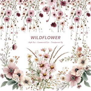 Op de afbeelding: Waterverfillustratie met een verscheidenheid aan wilde bloemen in roze, crème en bordeaux tinten, met groene bladeren. Het woord "WILDFLOWER" wordt weergegeven in een schreeflettertype. De afbeelding is geschikt voor commercieel gebruik met hoge resolutie en een transparante achtergrond.