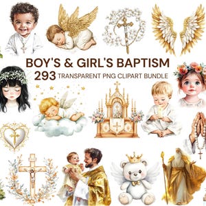Watercolor Baptism Clipart Bundle, Boy & Girl Christening PNG, Dove Cross Bible Gown, Pastel Religious Ceremony, Baby Blessing Art