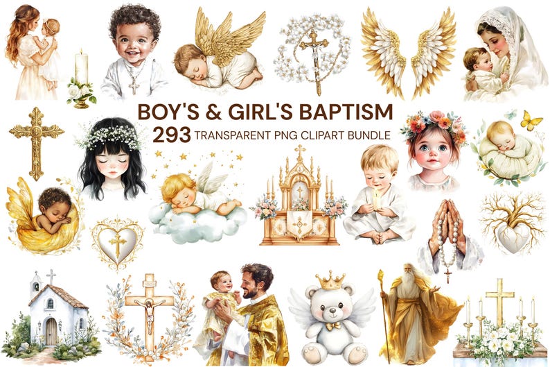 Watercolor baptism clipart with pastel dove, bible, and floral cross PNG for christening invitations