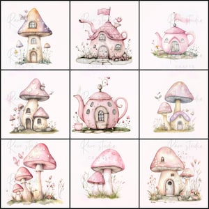 Puede incluir: Nueve ilustraciones en acuarela de casas de hongos y casas de teteras caprichosas en suaves tonos rosas, morados y verdes. Cada imagen presenta un dise&ntilde;o &uacute;nico con puertas, ventanas y elementos decorativos, sobre un fondo neutro. El estilo es delicado y de cuento de hadas.