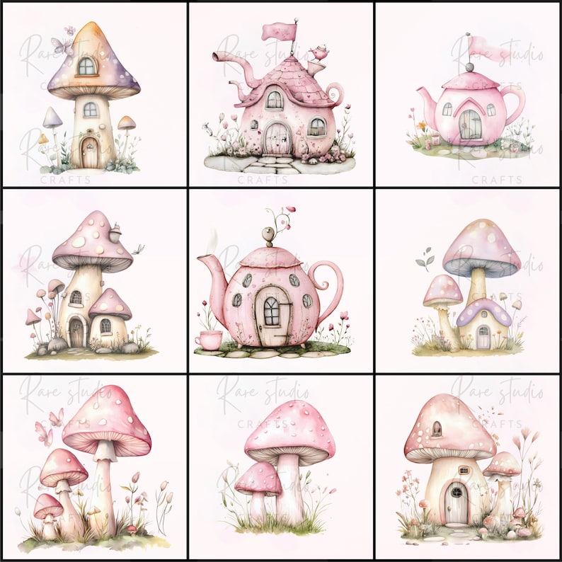 Puede incluir: Nueve ilustraciones en acuarela de casas de hongos y casas de teteras caprichosas en suaves tonos rosas, morados y verdes. Cada imagen presenta un dise&ntilde;o &uacute;nico con puertas, ventanas y elementos decorativos, sobre un fondo neutro. El estilo es delicado y de cuento de hadas.