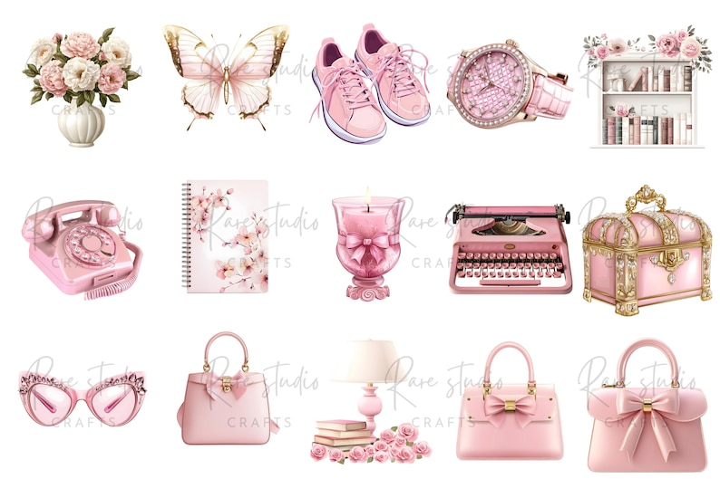 Pink decor clipart PNGs, feminine chic clipart set for digital planners, scrapbooking, and journal art