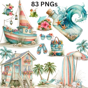 Clipart Plage Tropicale PNG, Graphiques Été Côtier, Éléments Paradis Aquarelle Bundle
