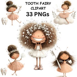 Peut inclure: Clipart de fées des dents, avec des illustrations de fées en robes roses et blanches, tenant des brosses à dents et des dents. Le texte "TOOTH FAIRY CLIPART 33 PNGs" est affiché en haut de l'image.