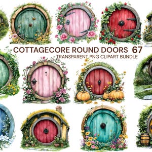 Op de afbeelding: Waterverfillustratie van cottagecore ronde deuren in verschillende kleuren, waaronder blauw, groen, roze, rood en geel. Elke deur is omgeven door weelderig groen, bloemen en stenen paden. De tekst "COTTAGECORE ROUND DOORS 67" wordt weergegeven.