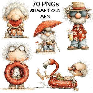 Op de afbeelding: Een verzameling cartoon illustraties met oudere figuren die genieten van zomerse activiteiten. De afbeeldingen tonen personages met witte baarden en hoeden, die watermeloen, drankjes en een zwemband vasthouden. De tekst bovenaan luidt "70 PNGs SUMMER OLD MEN."