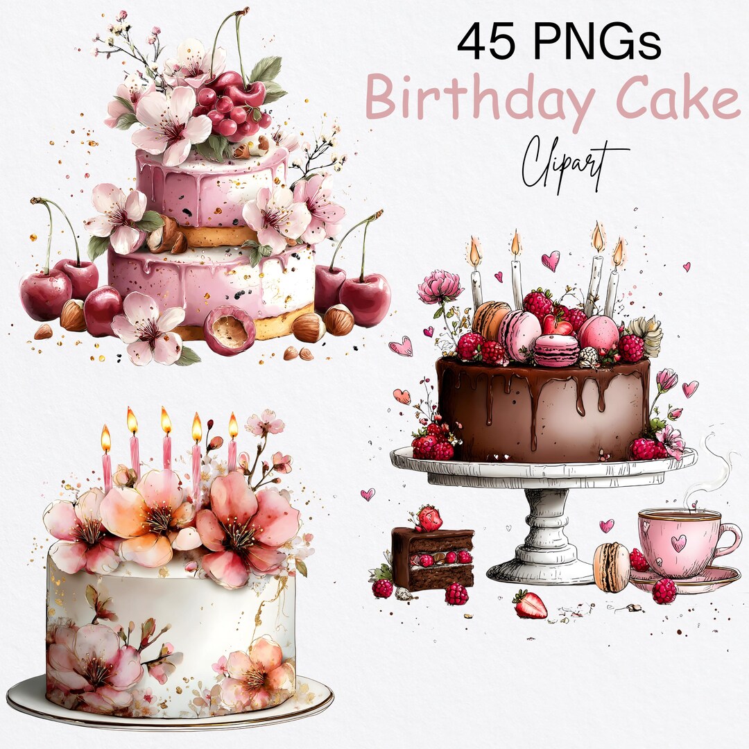 Watercolor Birthday Cake Clipart PNG Bundle Floral Cherry Dessert ...