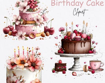 Watercolor Birthday Cake Clipart PNG Bundle Floral Cherry Dessert Digital Download Transparent Background