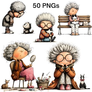 Puede incluir: Ilustraciones digitales de una persona mayor con cabello rizado gris y gafas, interactuando con gatos. Las ilustraciones incluyen el texto "50 PNGs". La persona se muestra en varias poses, incluyendo sentada, mirándose en un espejo y abrazando a un gato.