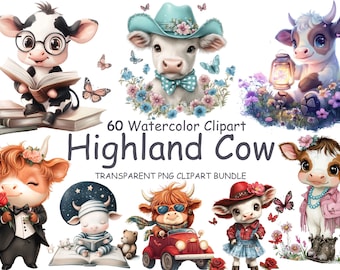 May include: A digital art bundle featuring 60 watercolor clipart images of Highland cows. The images include cows in various poses, wearing accessories, and surrounded by butterflies and flowers. The text "Highland Cow" is displayed.