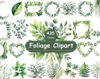 435 Foliage Clipart Bundle Green Leaves Frames Botanical Borders Digital PNGs Set