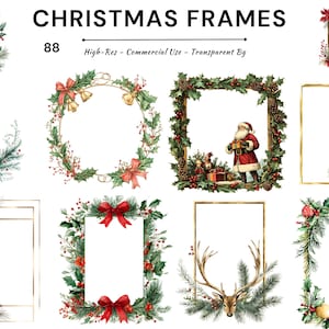 Op de afbeelding: Waterverfillustraties van kerstframes met feestelijke elementen. Ontwerpen omvatten kransen, strikken, poinsettia's en een kerstmanfiguur. De tekst "CHRISTMAS FRAMES" staat bovenaan, met "88" en andere tekst eronder.