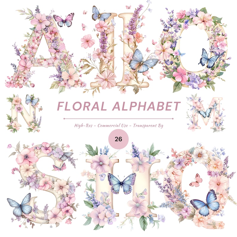 Floral Alphabet Clipart Bundle 26 Letters Watercolor Flowers ...