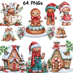 Può includere: Una collezione di 64 illustrazioni digitali PNG con personaggi di pan di zenzero, case decorate ed elementi festivi. Le immagini includono omini di pan di zenzero in tazze, con sciarpe e cappelli, insieme a casette innevate, bastoncini di zucchero.