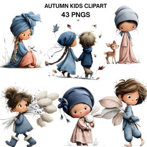 May include: Digital clipart set titled "AUTUMN KIDS CLIPART 43 PNGS". The illustrations feature children in autumn attire, including blue bonnets and dresses, holding a bird, walking together, and holding a bunny. The color palette includes blues, pinks, and browns.