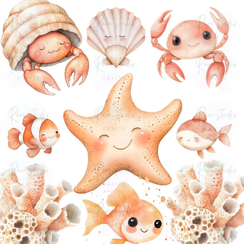 May include: Watercolor illustration of various sea creatures, including a crab, starfish, fish, and coral. The crab is inside a seashell. The starfish has a smiling face. The fish are orange and white. The coral is beige.