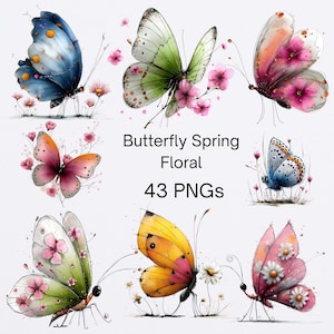 Può includere: Una collezione di illustrazioni di farfalle ad acquerello in vari colori, tra cui blu, verde, rosa e giallo, con accenti floreali. È presente anche il testo "Butterfly Spring Floral 43 PNGs".