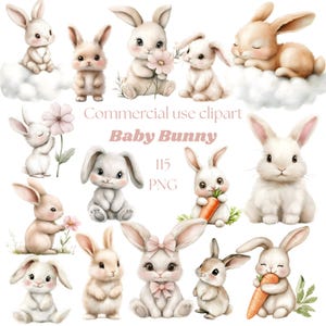 May include: Watercolor illustrations of baby bunnies in various poses. Some bunnies hold flowers or carrots, while others sit on clouds. The text "Commercial use clipart Baby Bunny 115 PNG" is also visible.