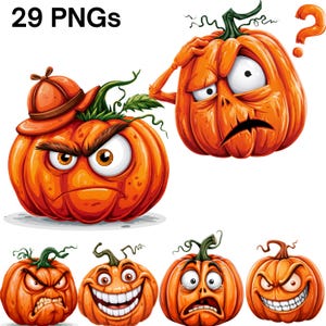 Funny Pumpkin Clipart Bundle Halloween Faces Whimsical Expressions Watercolor PNG Collection Digital Download Set