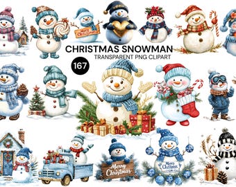 Christmas Snowman Clipart Bundle | Watercolor Holiday PNG (Digital Download)